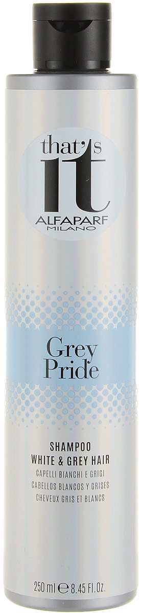 Alfaparf Thats it Grey Pride Shampoo Шампунь тонирующий для светлых и седых волос, 250 мл13178 Alfaparf Thats it Grey Pride Shampoo Шампунь тонирующий для светлых и седых волос, 250 мл13178Тонирующий шампунь устраняет нежелательные теплые оттенки, дарит сияние натуральным и окрашенным, светлым и седым волосам. Жемчужные светоотражающие частицы создают безграничную игру цвета, делают волосы максимально блестящими. Входящий в состав шампуня фитокератин увлажняет и защищает волосы, делая их более сильными, мягкими и шелковистыми.Объем: 250 мл