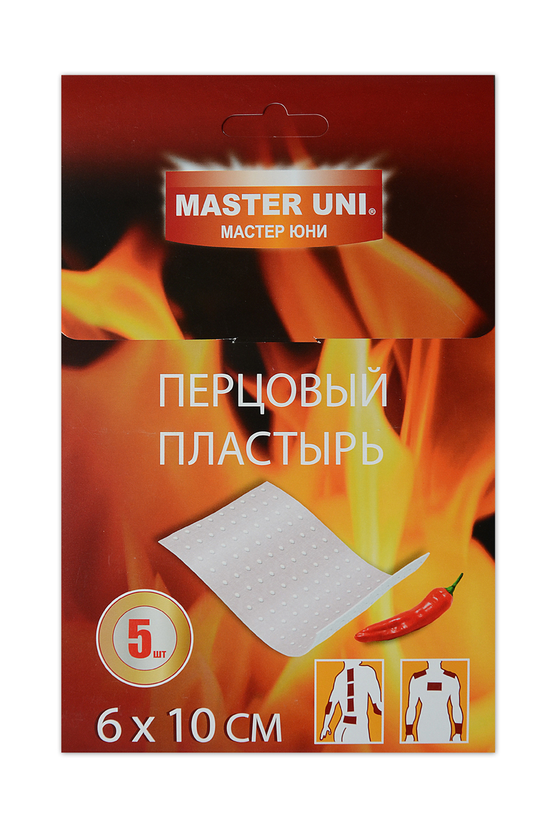 Master Uni Перцовый пластырь 6 х 10 см, набор 5 шт95320 Master Uni Перцовый пластырь 6 х 10 см, набор 5 шт95320Перцовый пластырь - эффективное средство при ревматических и мышечных болях, люмбаго, миалгии, артритах, радикулитах, простудных заболеваниях. Обеспечивает глубокое прогревание и усиленную циркуляцию крови. Перфорация обеспечивает доступ воздуха.