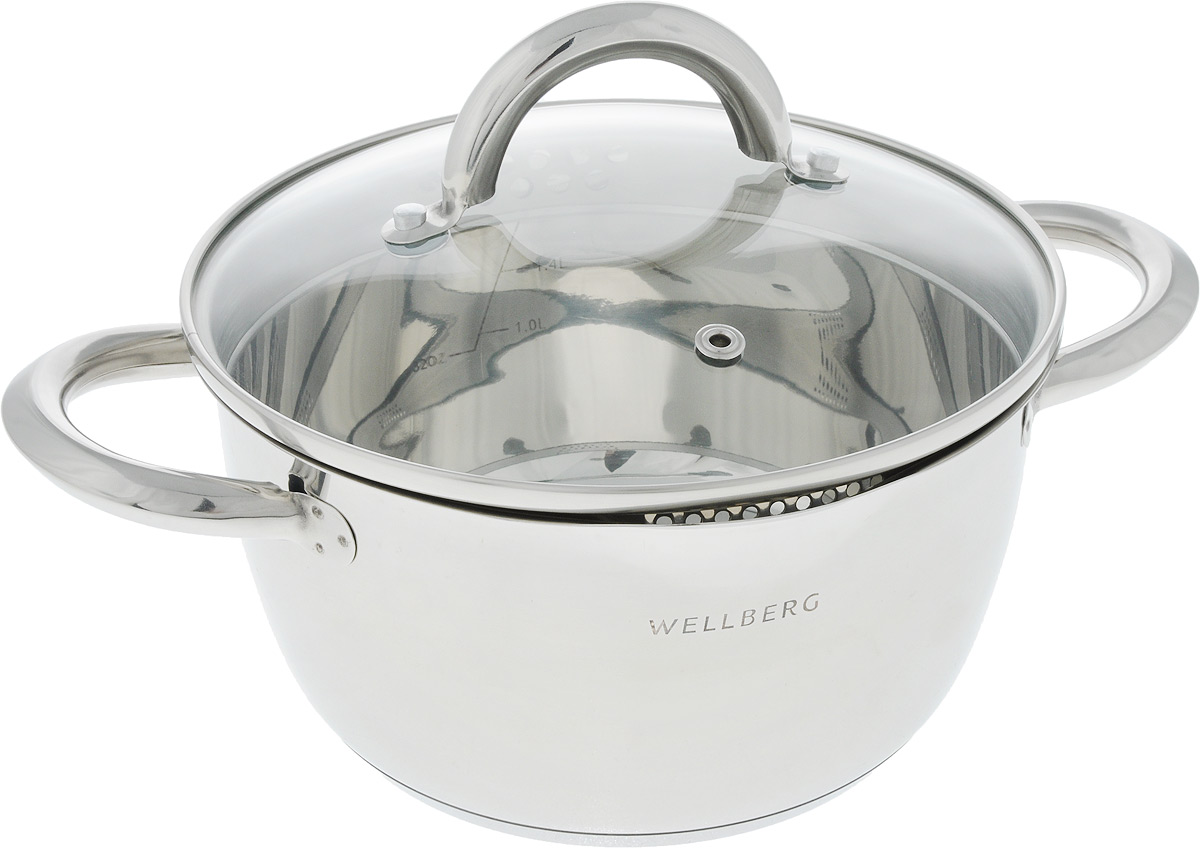 Кастрюля Wellberg Crafty с крышкой, 2 л. 1922WB/41922WB/4 Кастрюля Wellberg Crafty с крышкой, 2 л. 1922WB/41922WB/4Кастрюля Wellberg Crafty изготовлена из высококачественной нержавеющей стали 18/10. Зеркальная полировка придает кастрюле безупречный внешний вид. Идеально ровная внутренняя поверхность значительно облегчает мытье. Энергосберегающее пятислойное капсульное алюминиевое дно быстро и равномерно распределяет тепло. Внутренние стенки имеют отметки литража. Изогнутые края кастрюли и отверстия в крышке обеспечивают аккуратное и более удобное выливание жидкости. Изделие оснащено клепаными ненагревающимися ручками. Крышка изготовлена из термостойкого стекла, оснащена металлическим ободом, ручкой и отверстием для выпуска пара. Подходит для всех типов плит: газовых, электрических, стеклокерамических, галогенных, индукционных. Можно использовать в духовом шкафу и мыть в посудомоечной машине. Не предназначена для СВЧ-печей. Диаметр (по верхнему краю): 18 см. Высота стенки кастрюли: 9,5 см.