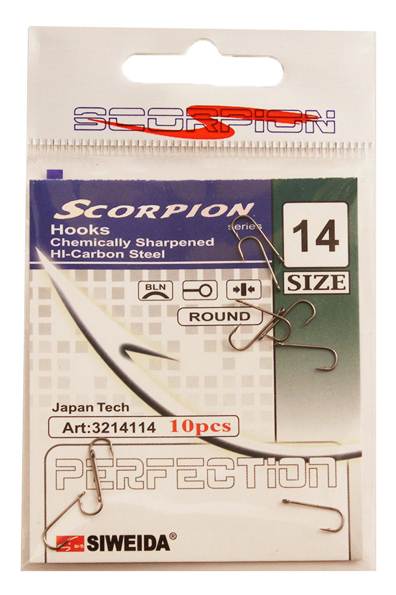 Крючок рыболовный SWD Scorpion, Round, №14, 10 шт13-10-8-039 Крючок рыболовный SWD Scorpion, Round, №14, 10 шт13-10-8-039Бюджетный классический одинарный крючок с колечком. Технологии производства:- для производства крючков используется высококачественная углеродистая легированная проволока;- при меняются новейшие технологии термообработки;- стойкое антикоррозийное покрытие;- электрохимическая заточка жала.Размер крючка - №14Цвет - черный никельКоличество в упаковке - 10шт.