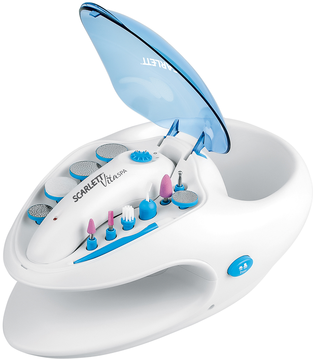 Scarlett SC-MS95005, Blue маникюрный наборSC-MS95005 Scarlett SC-MS95005, Blue маникюрный наборSC-MS95005Маникюрный набор Scarlett SC-MS95005 - современный многофункциональный прибор для маникюра и педикюра в домашних условиях. В комплект входит ванночка для ручек с пузырьковым массажем. Ножки у прибора прорезиненные, благодаря чему он устойчив на поверхности. Модель имеет множество конусных,цилиндрических и полировочных насадок, палочку для удаления кутикул. Также есть встроенная сушка для лака и два режима скорости работы.2 скорости работыВращение насадок в 2 стороны9000 вращений в минутуВстроенная сушка для лака