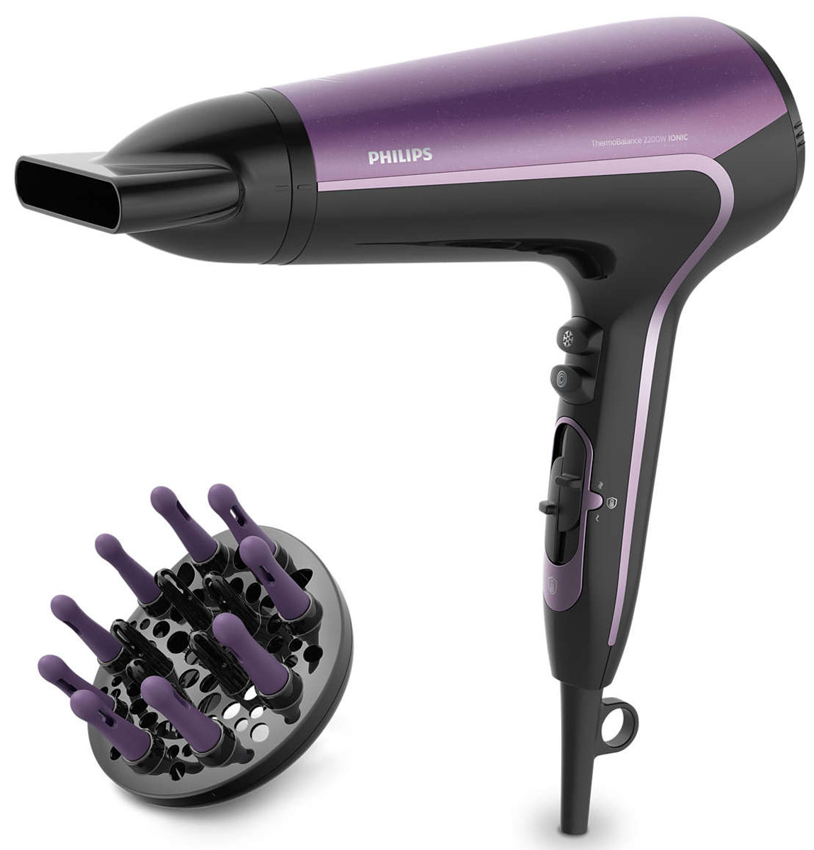 Philips BHD184/00 DryCare Advanced фенBHD184/00 Philips BHD184/00 DryCare Advanced фенBHD184/00Постоянное чередование горячего и холодного воздушного потока в фене Philips DryCare Advanced дарит волосам и коже головы приятные ощущения. До 22 % больше блеска благодаря ThermoBalance по сравнению с максимальной настройкой прибора.ThermoBalance — это инновационная технология, разработанная Philips для надежной и эффективной защиты волос. Сенсор постоянно измеряет температуру воздуха и изменяет ее, чтобы процесс сушки был быстрым и безопасным. Когда сенсор ThermoBalance включен, горит светодиодный индикатор. При этом вы можете ощущать колебания температуры, предотвращающие перегрев волос и кожи головы и обеспечивающие приятную, бережную сушку.Этот профессиональный фен мощностью 2200 Вт создает мощный поток воздуха. Удачное сочетание мощности и скорости помогает сократить время сушки и облегчить создание укладки.Функция холодного обдува используется каждым профессиональным парикмахером. Кнопка холодного обдува обеспечивает подачу мощного потока холодного воздуха, с помощью которого можно легко зафиксировать укладку.Создайте свой неповторимый образ, установив или отрегулировав температуру и скорость воздушного потока с помощью соответствующих настроек. Выберите одну из трех температурных настроек и одну из двух настроек скорости для максимального контроля и идеального результата.Узкая насадка для укладки направляет воздушный поток через отверстие 11 мм для точной укладки на определенных участках. Подходит для придания необходимой формы и фиксации.Удобная массажная насадка-диффузор асимметричной изогнутой формы значительно облегчает укладку. Благодаря равномерному распределению воздушного потока диффузор обеспечивает более бережную сушку, придает дополнительный объем волосам и уменьшает их спутывание. Массажный эффект прорезиненных пальчиков благотворно воздействует на кожу головы, повышая жизнеспособность волос. Для наилучших результатов держите прибор рядом с теменной областью, ближе к корням — массажные пальчики диффузора помогут придать волосам упругость и создать локоны.Кнопка включения турборежима увеличивает поток воздуха, что позволяет сушить волосы еще быстрее.Придайте волосам блеск при помощи системы ионизации. Отрицательно заряженные ионы позволяют избежать статического электричества и улучшить общее состояние волос, а также придать волосам дополнительный блеск. В результате волосы прямые, гладкие и шелковистые.У основания ручки находится прорезиненная петелька, благодаря которой прибор удобно хранить как дома, так и в отеле.