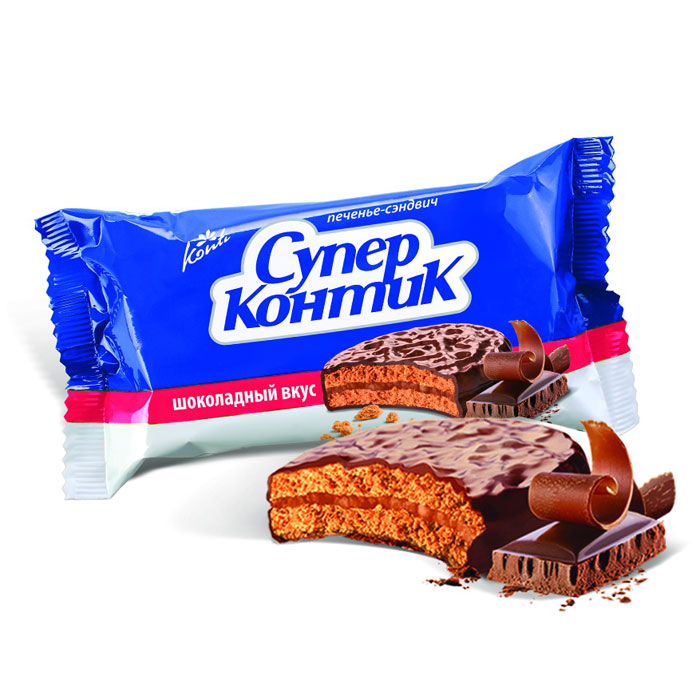 Konti Супер Контик печенье сэндвич шоколадный вкус, 100 г4600495000019 Konti Супер Контик печенье сэндвич шоколадный вкус, 100 г4600495000019Два печенья с шоколадным вкусом с прослойкой шоколадно-сливочного крема посредине, залитые шоколадной глазурью.