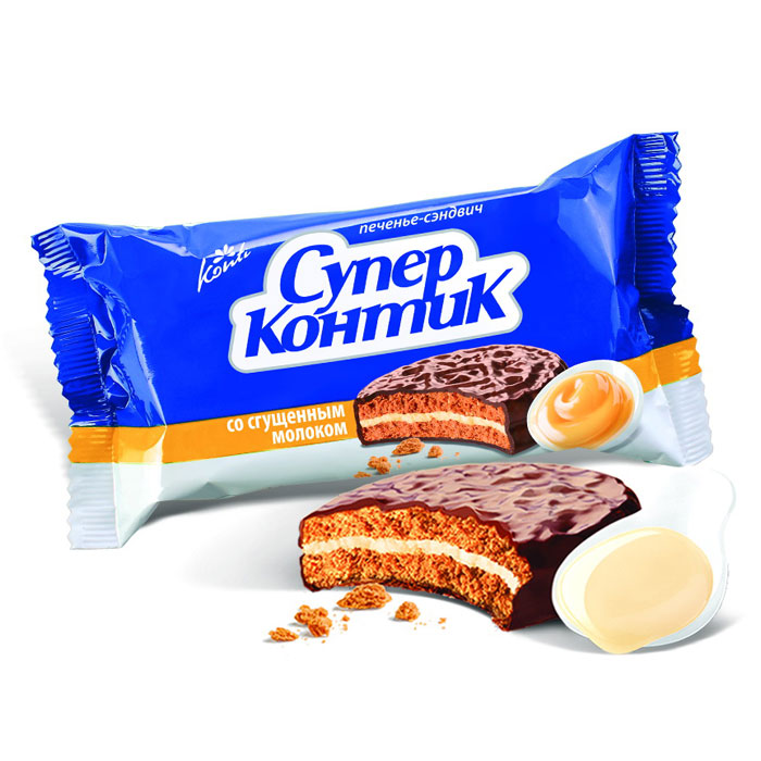 Konti Супер Контик печенье сэндвич со сгущенным молоком, 100 г4600495507853 Konti Супер Контик печенье сэндвич со сгущенным молоком, 100 г4600495507853Два печенья со вкусом сгущенного молока соединены нежным шоколадно-сливочным кремом и залиты шоколадной глазурью.