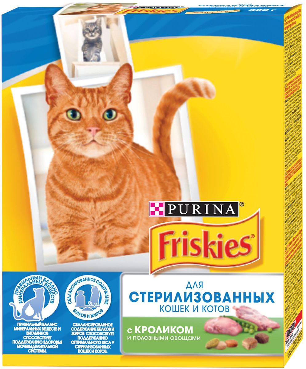Корм сухой Friskies для стерилизованных кошек и кастрированных котов, с кроликом и полезными овощами, 300 г59903 Корм сухой Friskies для стерилизованных кошек и кастрированных котов, с кроликом и полезными овощами, 300 г59903Сухой корм Friskies – это полнорационное сбалансированное питание, специально разработанное для стерилизованных питомцев. Особый баланс минеральных веществ и витаминов помогает поддерживать здоровье мочевыделительной системы. Правильный уровень содержания жиров и белков способствует поддержанию оптимального веса.Состав: злаки и продукты переработки злаков, мясо и продукты переработки мяса (мин. 1% кролика в коричневых и светло-коричневых крокетах), соевая мука, продукты переработки овощей (мин. 1% овощей в зеленых и оранжевых крокетах), животный жир, клетчатка, вкусовые добавки, регулятор кислотности (Е338), витамины, минеральные вещества, аминокислоты, антиокислители (Е320, Е310, Е321), красители (Е102, Е132, Е110, Е122, Е124).Питательные вещества в 100 г: сырой белок 34%, сырой жир 8%, сырая зола 7%, сырая клетчатка 4%, кальций 1г, железо 17мг, фосфор 1г, марганец 2,8мг, натрий 0,4 г, цинк 14 мг, магний 0,13 г, селен 43 мкг, медь 1,7 мг, витамин А 650 МЕ, витамин D3 85 МЕ, витамин Е 7,5 мг, таурин 100 г, витамин группы В 17 мг.Товар сертифицирован.