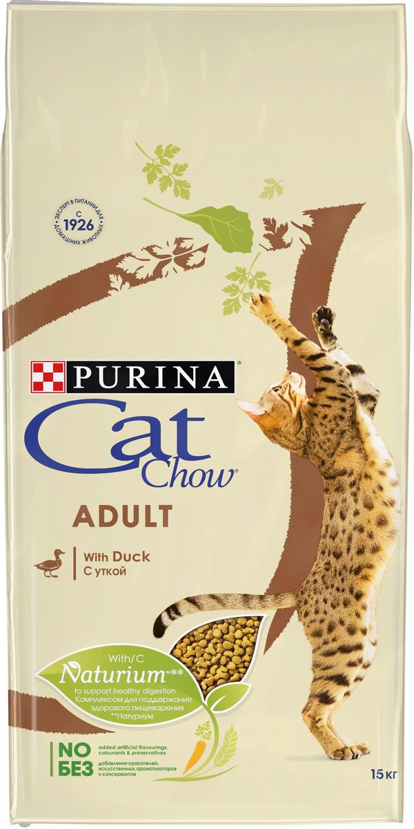 Корм сухой Cat Chow Adult для взрослых кошек, с уткой, 15 кг62334 Корм сухой Cat Chow Adult для взрослых кошек, с уткой, 15 кг62334Корм сухой Cat Chow Adult - это полнорационный, сбалансированный корм, в котором есть все необходимое, чтобы жизнь вашей кошки была здоровой и естественно прекрасной. Корм отличается высоким содержанием домашней птицы и включает Naturium - особое сочетание волокон из натуральных источников, а также источник натурального пребиотика, который поддерживает здоровое пищеварение кошки. Это позволяет ей питаться с большей пользой. Корм содержит натуральные ингредиенты (петрушка, шпинат, морковь, цельные зерна злаков, цикорий и дрожжи). Товар сертифицирован.