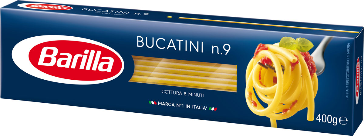 Barilla Bucatini паста букатини, 400 г8076809572064 Barilla Bucatini паста букатини, 400 г8076809572064Итальянская паста Barilla Bucatini традиционно производится из муки твердых сортов пшеницы и воды. Букатини - толстые полые итальянские спагетти. Благодаря своей уникальной форме, она прекрасно удерживает соус на своей поверхности и позволяет ему раскрыть всю гамму вкусов и ароматов. Barilla является всемирно известным производителем настоящей итальянской пасты. История этой фирмы берет свое начало в городе Парма, где простой булочник Петро Барилла в 1877 году открыл маленький магазинчик и начал продавать свежую пасту. К 1900 году Барилла начал уже промышленное производство и с тех пор его компания непрерывно развивается и расширяется.