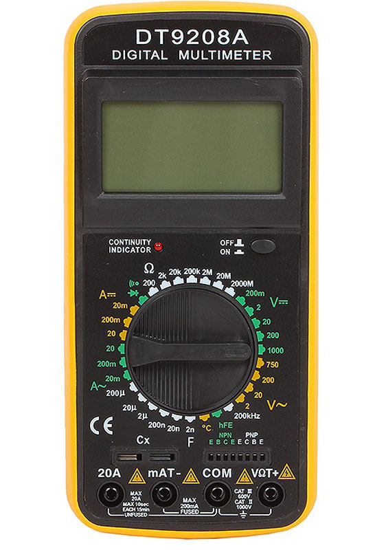 Мультиметр цифровой ТЕК DT 9208A61/10/507 Мультиметр цифровой ТЕК DT 9208A61/10/507Мультиметр ТЕК DT 9208A предназначен для измерения тока, напряжения, сопротивления, параметров диодов и транзисторов, а также частоты и температуры. Прибор многофункционален, портативен, питается от химических источников, удобен при ремонте электрооборудования автомобиля, лабораторных измерений.Особенности:32-х позиционный переключатель режимов работы и пределов.Большой дисплей с изменяемым наклоном.Высокая чувствительность - 100 мкВ.Автоматическая индикация перегрузки - 1.Автоматическое определение полярности постоянного тока или напряжения.Все пределы защищены от перегрузок.Измерение сопротивления от 0,1 Ом до 200 МОм.Измерение емкости от 1 пФ до 20 мкФ.Проверка диодов прямым стабильным током 1 мА.Измерение h21E транзисторов при Ib=10 мкА и напряжении эмиттер-коллектор 3 В.Точность базового постоянного тока +-0,5%.Точность гарантирована в течение 1 года при 23+-5°С и относительной влажности менее 75%.Общие характеристики:Максимум дисплея: 1999 чисел (3,5 разряда) с автоматическим определением полярности и единиц измерения.Метод индикации: ЖКИ дисплей.Метод измерений: АЦП двойного интегрирования.Индикация перегрузки: 1 в старшем разряде.Максимальное синфазное напряжение: 500 В пост/переменного эффекта.Скорость измерений: 2-3 измерения/сек.Температура гарантированной прочности: 23+-5°С.Интервал температур: работа от 0°С до +40°С. Хранение от -10°С до +50°С.Индикация разряда батареи: символ на дисплее.Вес: 310 г.