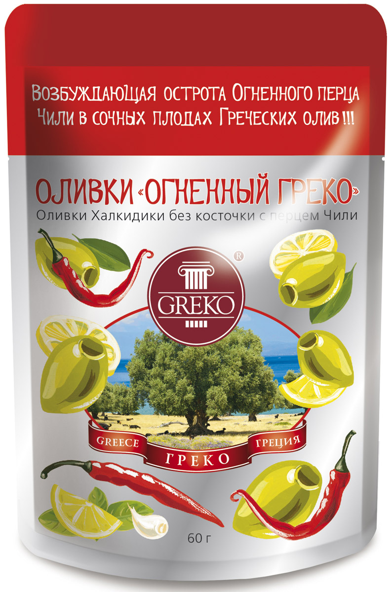 Greko оливки Огненный Греко сорта Халкидики без косточки с перцем чили, 60 г4607070525998 Greko оливки Огненный Греко сорта Халкидики без косточки с перцем чили, 60 г4607070525998Низкокалорийный оливковый снэк в удобной упаковке без жидкости.Халкидики - это зеленые продолговатые с заостренным кончиком оливки. Одни из самых популярных сортов оливок не только в самой Греции, но и во всем Средиземноморье. Выращиваются в северо-восточной Греции на полуострове Халкидики - жемчужине Эгейского моря, в районе, прилегающем к православным монастырям Святой Горы Афон. Гурманы высоко ценят их нежную сочную мякоть и свежий истинно оливковый аромат.Универсальный продукт: может использоваться как самостоятельное блюдо, а также как украшение и ингредиент в закусках, бутербродах, пицце и салатах.