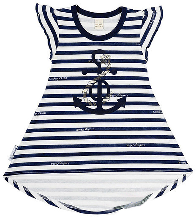 Платье для девочки Lucky Child Лазурный берег, цвет: белый, темно-синий. 28-64Д. Размер 110/116