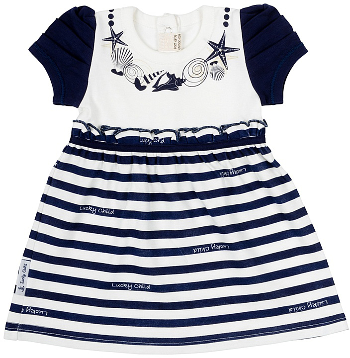 Платье для девочки Lucky Child Лазурный берег, цвет: белый, темно-синий. 28-62Д. Размер 104/110