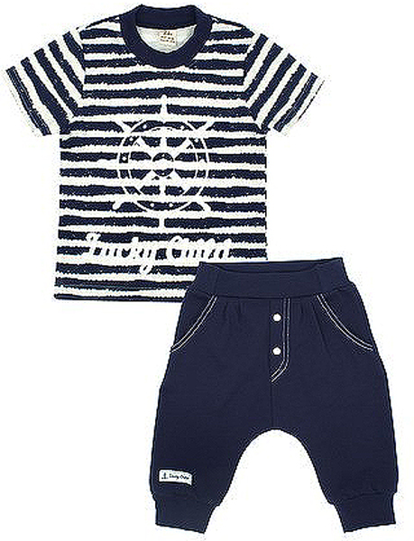 Комплект для мальчика Lucky Child Морской бриз: футболка, штанишки, цвет: белый, темно-синий. 28-71М. Размер 110/116