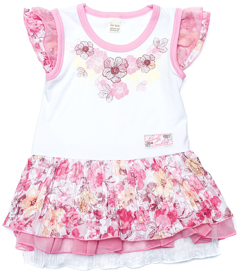 Платье для девочки Lucky Child We love you, цвет: розовый, белый. 50-63. Размер 116/122