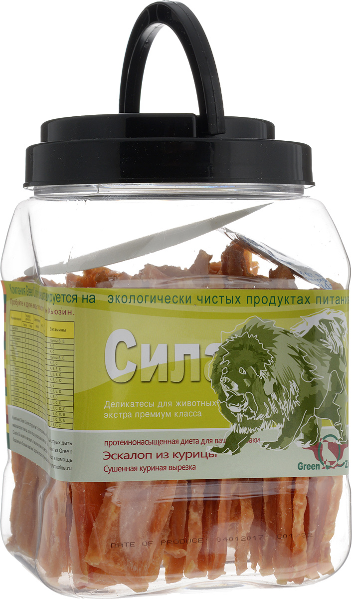 Лакомство для собак GreenQZin Сила, сушеная куриная вырезка, 750 гChSl750t Лакомство для собак GreenQZin Сила, сушеная куриная вырезка, 750 гChSl750tЛакомство для собак GreenQZin Сила изготовлено из белого мяса курицы. Куриное мясо богато белком, необходимым для развития силы, роста костей и мышц питомца. Курятина - легкоусвояемый питательный продукт, который обязательно должен присутствовать в ежедневном рационе собаки. Корм создан по специальной рецептуре и технологии, позволяющей сохранить в сушеных мясных ломтиках все полезные вещества и витамины, присутствующие в свежем курином мясе. Высокотехнологичный производственный цикл позволяет избавить мясо от лишнего жира и повысить процентное содержание белка. Мясо имеет всего 16-18% влаги, поэтому продукт сочетает прочность мозговой косточки и вкус мясного стейка, что позволит вашей собаке укреплять зубы и развивать челюстные мышцы. Лакомство не содержит консервантов, красителей, гормонов, антибиотиков и ГМО. Не вызывает аллергий. Товар сертифицирован.