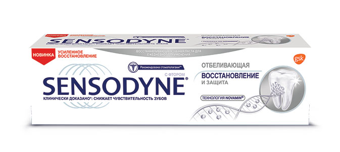 Sensodyne Зубная паста Восстановление и Защита отбеливающая 75 мл2004012174 Sensodyne Зубная паста Восстановление и Защита отбеливающая 75 мл2004012174Новая зубная паста на основе технологии NovaMin® отличается от других. Клинически доказано, что ее уникальная формула с кальцием и фосфатами помогает восстанавливать поврежденные участки эмали с помощью природных для зуба материалов, тем самым избавляя от повышенной чувствительности.