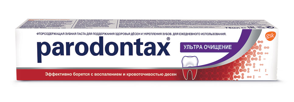 Parodontax Зубная паста Ультра Очищение 75мл200401611 Parodontax Зубная паста Ультра Очищение 75мл200401611Кровоточивость десен – один из первых признаков заболеваний десен. При отсутствии лечения она может, в конечном итоге, привести к потере зубов. Чистка зубов зубной пастой для ежедневного применения Parodontax® помогает эффективно удалять налет и устранять кровоточивость десен.Уникальное соединение минеральных солей и натуральных экстрактов шести трав придает пасте особенный насыщенный вкус. Вам может понадобиться некоторое время, чтобы оценить для себя вкус зубной пасты. Большинству людей, после двух недель использования, начинает нравиться уникальный вкус зубной пасты для ежедневного использования Parodontax