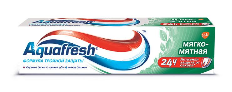 Aquafresh зубная паста 3+ Мягко-Мятная 50 мл20013101 Aquafresh зубная паста 3+ Мягко-Мятная 50 мл20013101Паста разработана как лечебно-профилактическое средство для борьбы с начальными стадиями таких заболеваний полости рта как кариес и пародонтоз. При регулярном применении очищает зубы от зубного камня и препятствует образованию на зубах и деснах болезнетворного налета. На зубы и ротовую полость благотворно влияют три активных компонента пасты, содержащихся в каждой из трех цветных полосок фтор, защищающий зубную эмаль от кариеса, вещества, предотвращающие образование зубного налета, а также вещества, препятствующие возникновению неприятного запаха изо рта.