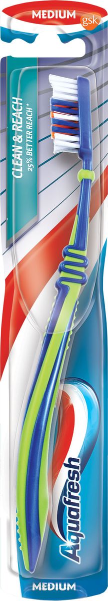 Aquafresh Зубная щетка Clean&Reach, средняя20021680 Aquafresh Зубная щетка Clean&Reach, средняя20021680Зубная щетка с особым талантом проникать между зубами и обеспечивать чистоту полости рта. Средняя жесткость головки оптимальна для очищения поверхности зубов и массажа десен. •щетинки этой щетки наклонены друг к другу под углом, такое расположение позволяет легко проникать между зубами, «вытаскивая» оттуда налет и остатки пищи; •оказывает хорошее профилактическое действие против кариеса и других заболеваний полости рта, поскольку тщательно ликвидирует их причины; •имеет амортизационный узел на ручке, который компенсирует излишнее давление на зубы во время чистки; •хорошо массирует десны, активизируя кровообращение и укрепляя их; •материал, из которого изготовлена щетка, легко проходит самую тщательную санитарную обработку.