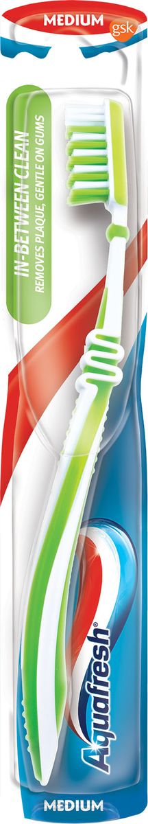 Aquafresh зубная щетка Инбитвин средняя20021700 Aquafresh зубная щетка Инбитвин средняя20021700Тип: зубная щетка.Возраст: 12+Степень жесткости: средняя.Основные эффекты: очищение зубной эмали со средней жесткостью, возможность прочищать межзубные пространства как зубная нить, хорошо поддается санитарной обработке.Отличительные особенности:•щетка средней жесткости на амортизированной ручке, которая позволяет контролировать усилия при процессе чистки зубов;•щетинки на головке расположены неравномерно по высоте – часть из них выступает и имеет очень малую толщину, благодаря чему они легко проникают в пространство между зубами, более качественно вычищая их;•совмещает чистку зубов и массаж десен;•способствует профилактике кариеса и заболеваний десен;•ручка эргономичной формы удобна для держания влажной рукой, не выскальзывает;•щетка хорошо поддается санитарной обработке.