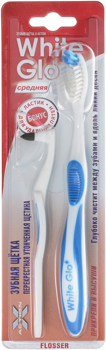 Зубная щетка White Glo Flosser отбеливающая и ластик для удаления налета, средняя жесткость, цвет: синий101250_синий Зубная щетка White Glo Flosser отбеливающая и ластик для удаления налета, средняя жесткость, цвет: синий101250_синийЗубная щетка White Glo Flosser отбеливающая и ластик для удаления налета, средняя жесткость, цвет: синий