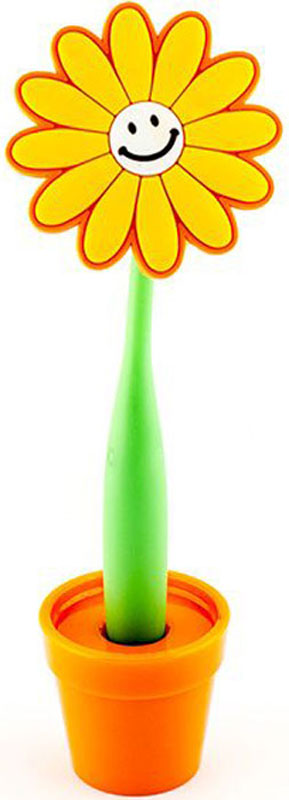 Эврика Ручка шариковая Цветок Смайлик маленький на подставке цвет желтый