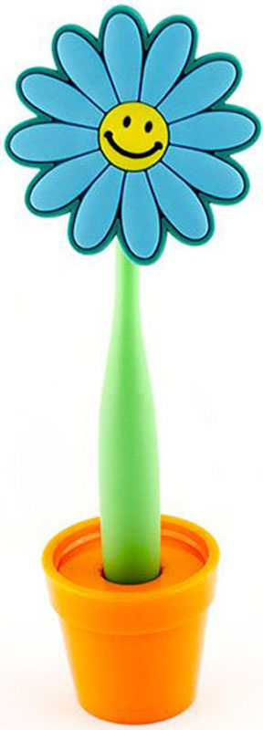 Эврика Ручка шариковая Цветок Смайлик маленький на подставке цвет голубой