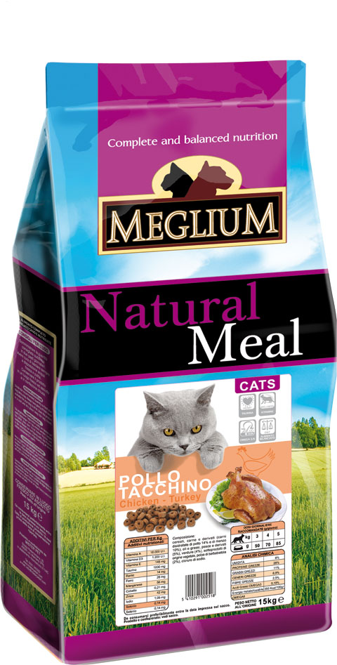 Корм сухой Meglium Adult для привередливых кошек, курица индейка, 3 кг63998 Корм сухой Meglium Adult для привередливых кошек, курица индейка, 3 кг63998Meglium Adult с курицей и индейкой - это полноценный, сбалансированный и очень вкусный сухой корм для кошек. Куриное мясо и мясо индейки - это первый источник высокоусвояемых белков со сбалансированным набором аминокислот, рыба является источником полноценных белков и содержит большое количество Омега-3 жирных кислот - все это дополняет сбалансированная доза минералов, витаминов и таурина, благодаря чему Meglium Adult с курицей и индейкой становится кормом, который удовлетворяет все пищевые потребности вашей кошки.Состав: дегидрированное мясо (35%, из которого куриного мяса и мяса индейки 16%), кукуруза, пшеница, куриный жир, рыбная мука (3%), сушеная мякоть свеклы (2%), минеральные вещества.Пищевые добавки на кг: 3a672a Витамин A 18000 UI, Витамин D3 1200 UI, 3a700 Витамин E 145 мг, E4 пентагидрат сульфата меди 55 мг, E1 карбонат железа 58 мг, E5 оксид марганца 73 мг, E6 моногидрат сульфата цинка 173 мг, E2 йодистый калий 1,4 мг, E8 селенит натрия 0,31 мг, таурин 1000 мг.Аналитические компоненты: влага 8%, сырой белок 28%, сырые масла и жиры 11%, сырая зола 8,1%, сырая клетчатка 2,5%, жирные кислоты Омега-3 0,19%, жирные кислоты Омега-6 2,6%.Энергетическая ценность: 3500 кКал/кг.Товар сертифицирован.