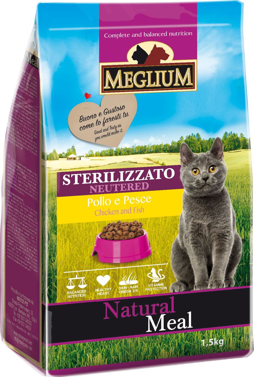 Корм сухой Meglium Neutered, для стерилизованных кошек, с курицей и рыбой, 1,5 кг64005 Корм сухой Meglium Neutered, для стерилизованных кошек, с курицей и рыбой, 1,5 кг64005Meglium Neutered - это полноценный, сбалансированный и очень вкусный корм для стерилизованных кошек. Надлежащее сочетание куриного мяса, говядины и рыбы обеспечивает нужный набор аминокислот, Омега-3 жирных кислот, содержащихся в рыбе, сбалансированное количество минералов и оптимальную дозу клетчатки и таурина, благодаря чему корм Meglium Neutered подходит для удовлетворения пищевых потребностей стерилизованных кошек.Состав: дегидрированное мясо (34%, из которого куриного мяса 16% и говядины 10%), кукуруза, пшеница, куриный жир, рыбная мука (4%), сушеная мякоть свеклы (2%), минеральные вещества. Анализ компонентов: влага 8%, сырой белок 28%, сырые масла и жиры 11%, сырая зола 7,9%, сырая клетчатка 3,8%, жирные кислоты Омега-3 0,19%, жирные кислоты Омега-6 2,6%. Пищевые добавки на 1 кг: витамин A 18000 UI, витамин D3 1200 UI, витамин E 145 мг, E4 пентагидрат сульфата меди 55 мг, E1 карбонат железа 58 мг, E5 оксид марганца 73 мг, E6 моногидрат сульфата цинка 173 мг, E2 йодистый калий 1,4 мг, E8 селенит натрия 0,31 мг, таурин 1000 мг.Товар сертифицирован.