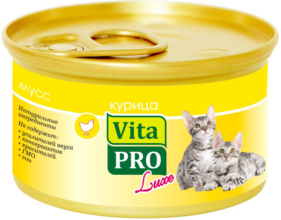 Консервы для котят Vita Pro Luxe, мусс с курицей, 85 г7913313011 Консервы для котят Vita Pro Luxe, мусс с курицей, 85 г7913313011Корм в виде сочного, нежного мусса из высококачественного натурального мяса. Не содержит ГМО , усилителей вкуса, ароматизаторов и красителей. Состав: мясо и мясные продукты (курица минимум 14%), минеральные вещества, сахар (декстроза). Товар сертифицирован.