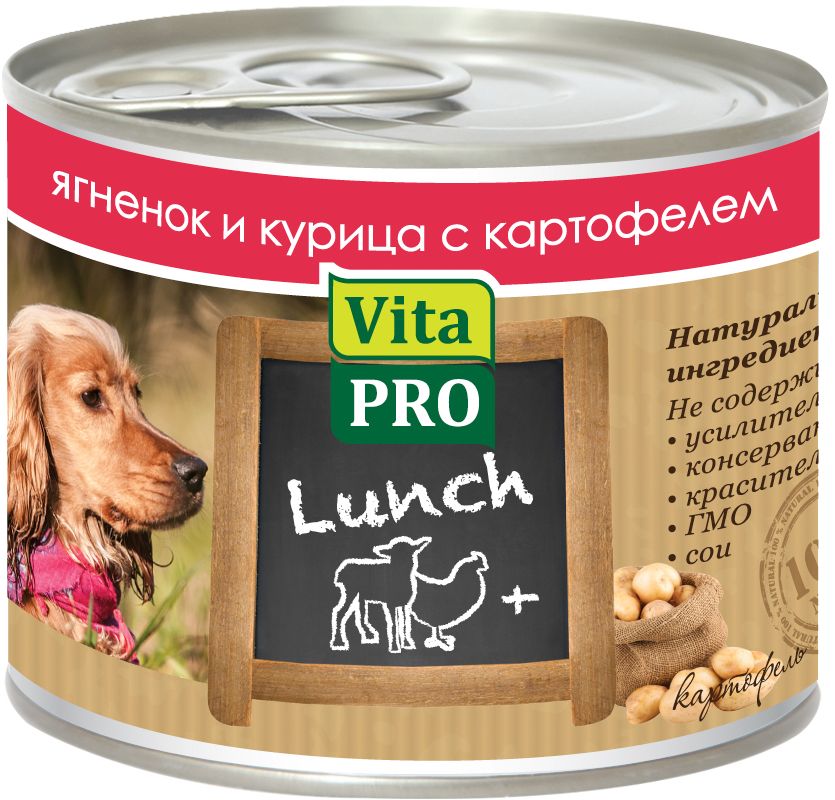 Консервы для собак Vita Pro Lunch, с ягненком, курицей и картофелем, 200 г90068 Консервы для собак Vita Pro Lunch, с ягненком, курицей и картофелем, 200 г90068Корм, сочетающий высококачественное мясо с овощными и злаковыми добавками и обеспечивающий полноценный ежедневный рацион. Без консервантов, красителей, усилителей вкуса. Состав: 34% ягненок, 34% курица 28,9% бульон, 3% картофель, 1% минералы, 0,1% сафлоровое масло. Добавки на 1 кг продукта: витамин Д3 - 200 МЕ, цинк - 15 мг, марганец - 3 мг, йод - 0,75 мг. Товар сертифицирован.