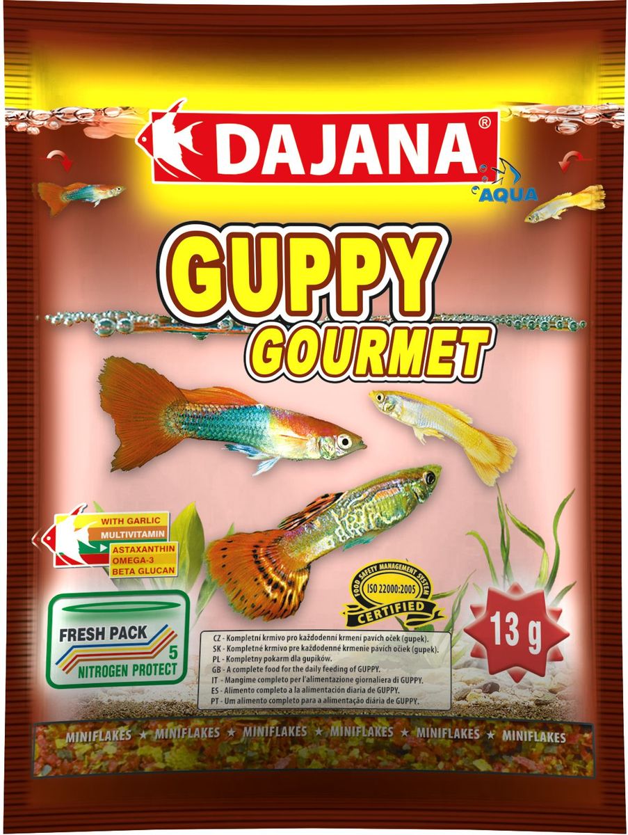 Корм для рыб Dajana Guppy Gourmet Flakes, 80 млDP003S Корм для рыб Dajana Guppy Gourmet Flakes, 80 млDP003SКомплексный хлопьеобразный корм для рыбок, предназначенный для ежедневного кормления гуппи. Корм содержит высокую долю чеснока, белков, витаминов и минералов, способствуя благополучному росту и здоровью рыб. Корм легко принимается и усваивается.Состав:рыба и рыбные субпродукты, зерновые, растительные протеиновые концентраты, спирулина, сухие дрожжи, чеснок, моллюски, водоросли, масла и жиры, антиоксиданты.