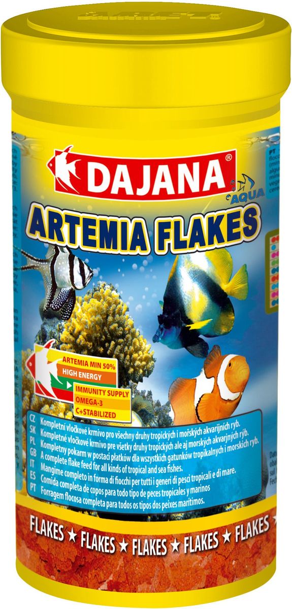 Корм для рыб Dajana Artemia Flakes, 250 млDP011B Корм для рыб Dajana Artemia Flakes, 250 млDP011BВысококачественный комплексныйкорм Dajana Artemia Flakes в виде хлопьев из артемии для всех видов тропических и морских рыбок. Идеально подходит для всех видов морских рыб.Хлопья содержат более 50% артемии в своем составе, а также морских ракообразных, моллюсков и морские водоросли.Использование корма Dajana Artemia Flakes повышает плодовитость целого ряда рыб. Содержит все необходимые морским рыбкам витамины, минералы и микроэлементы, которые превосходно дополняют друг друга, образуя богатую и разнообразную диету для морских рыбок.Корм Dajana Artemia Flakes это настоящий деликатес для ваших рыбок и производится только из высококачественных ингредиентов. Благодаря специальной рецептуре изготовления, корм для рыбок Dajana Artemia Flakes не мутит воду в аквариуме после кормления.Состав: Рыбная мука, зерновые, овощной протеиновый концентрат, сухие дрожжи, моллюски, морские водоросли, масла и жиры, лецитин, антиоксиданты.