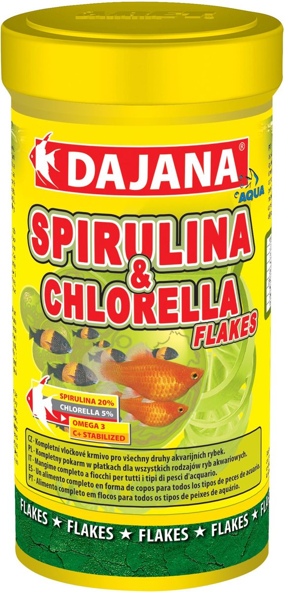 Корм для рыб Dajana Spirulina & Chlorella Flakes, 100 млDP013A Корм для рыб Dajana Spirulina & Chlorella Flakes, 100 млDP013AКомплексный хлопьеобразный корм для всех видов рыб. Содержит 25% водорослей Spirulina и Chlorella, что составляет оптимальное соотношение для всех видов рыб.Состав: рыба и сопутствующие продукты из рыбы, зерновые, растительные протеиновые концентраты, сушеные дрожжи, улитки, водоросли Спирулина & Xлopeлa, масла и жиры.