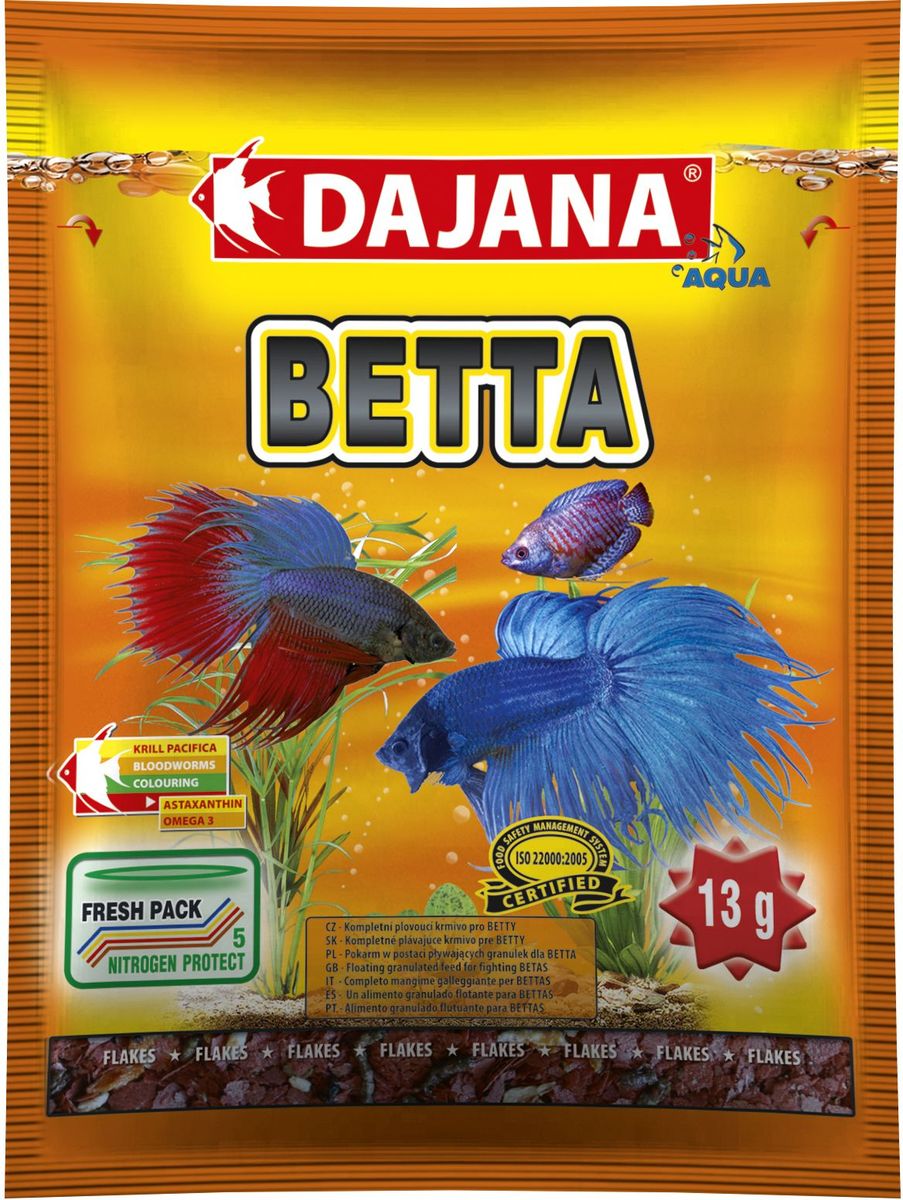 Корм для рыб Dajana Betta, 80 млDP014S Корм для рыб Dajana Betta, 80 млDP014SВысококачественный, комплексный корм для рыбок Dajana Betta.Корм для рыбок в виде плавающих гранул, предназначен для петушков и других видов лабиринтовых рыб (гурами, макроподов и т.д.).Состоит из лиофилизированного (обезвоженного) криля и мелких хлопьев, с добавлением высококачественных протеинов, витаминов и минералов, жирных кислот Омега-3. Благодаря специальной рецептуре изготовления, корм для рыбок Dajana Betta не мутит воду в аквариуме после кормления.Состав: рыбная мука, зерновые, криль, моллюски, сухие дрожжи, рыбий жир, морские водоросли, сушеный чеснок.