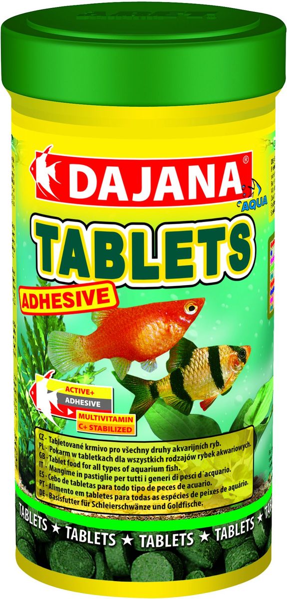 Корм для рыб Dajana Tablets Adhesive, 100 млDP051A Корм для рыб Dajana Tablets Adhesive, 100 млDP051AСпециализированный корм в виде клеящихся таблеток, содержит несколько видов лиофизированного планктона и водоросли спирулины для всех видов тропических рыбок. Представляет собой сбалансированную пропорцию важнейших питательных веществ, витаминов, способствующую укреплению иммунной системы, здоровому росту и увеличению продолжительности жизни, благодаря достижению биологического баланса в организме рыбы.Благодаря специальной технологии изготовления, корм Dajana Tablets Adhesive не мутит воду в аквариуме.Состав: рыбная мука, зерновые, растительные протеиновые концентраты, сухие дрожжи, планктон, водоросли, растительные масла и жиры, лецитин, антиоксиданты.