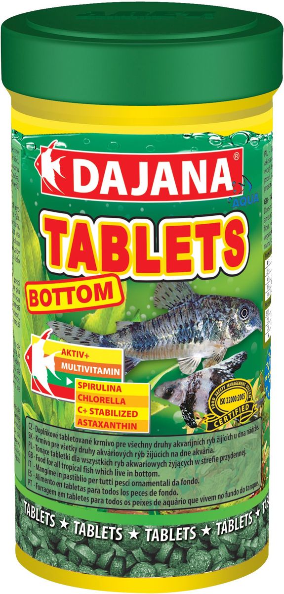 Корм для рыб Dajana Tablets Bottom, 100 млDP052A Корм для рыб Dajana Tablets Bottom, 100 млDP052AКорм Dajana Tablets Bottom в виде таблеток, специально разработанный для кормления рыб, обитающих на дне аквариума - сомики, сомики крапчатые, анциструсы и т.д. Представляет собой сбалансированную пропорцию важнейших питательных веществвитаминов, способствующую укреплению иммунной системы, здоровому росту и увеличению продолжительности жизни благодаря достижению биологического баланса в организме рыбы. Корм содержит частицы дерева Мопане, которые улучшают процесс пищеварения и метаболизма в организме рыбы. Также содержит спирулину.Благодаря специальной рецептуре изготовления, корм Dajana Tablets Bottom не мутит воду в аквариуме. Состав: Рыбная мука, зерновые, растительные протеиновые концентраты, сухие дрожжи, планктон, водоросли, растительные масла и жиры, лецитин, антиоксиданты.