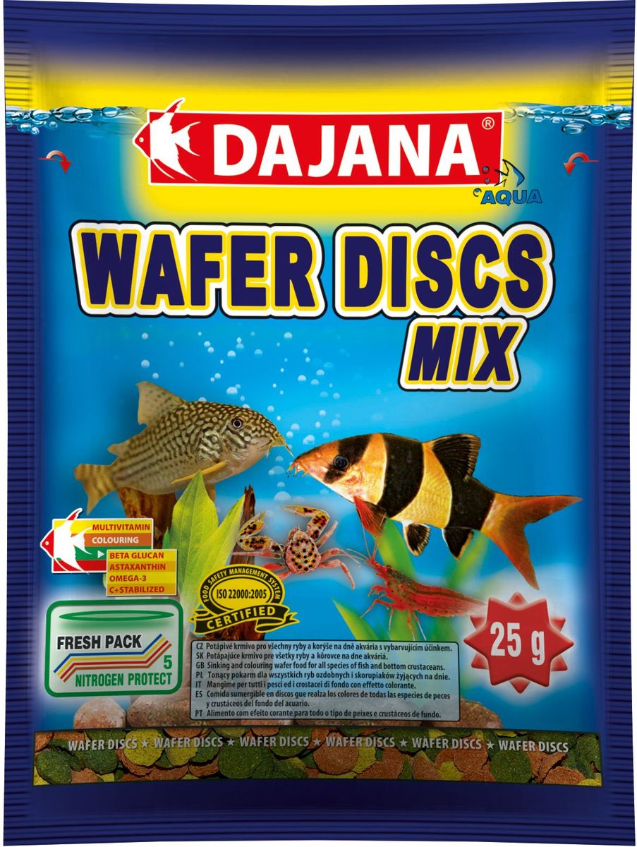 Корм для рыб Dajana Wafers Discs Mix, 80 млDP061S Корм для рыб Dajana Wafers Discs Mix, 80 млDP061SПолнорационный корм в виде цветных тонущих дисков для рыб и донных ракообразных, живущих на дне пресноводных и морских аквариумов. Три типа специальных пластинок содержат природный антиоксидант Astaxanthin, морские водоросли, природный иммуномодулятор Бета-глюкан в оптимальной сбалансированной формуле. Корм Dajana Wafer Discs Mix не мутит воду в аквариуме.Состав: растительные белковые концентраты, моллюски, морские водоросли, рыба и рыбные субпродукты, зерновые, сухие дрожжи, чеснок, водоросль спирулина, жиры, лецитин, антиоксиданты.Товар сертифицирован.