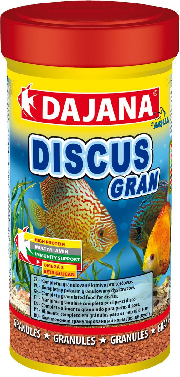 Корм для рыб Dajana Discus Gran, 250 млDP112B Корм для рыб Dajana Discus Gran, 250 млDP112BКомплексный гранулированный корм для дискусов. Гранулы корма состоят из отборных компонентов, содержащих множество витаминов аминокислот и минералов. Корм обогащен планктоном, прошедшим качественную обработку. Обеспечит великолепную окраску и здоровый рост рыбы. Содержит в составе витамины А, E, C, D3, а так же полезные микроэлементы, бета-глюкан и жирные кислоты Омега-3, способствующие укреплению иммунитета. Корм имеет отличные вкусовые качества, охотно съедается рыбами, легко усваивается, остатки не загрязняют аквариумную воду.Состав: рыба и рыбные субпродукты, зерновые, растительные протеиновые концентраты, сухие дрожжи, спирулина,моллюски, водоросли, масла и жиры, лецитин, антиоксиданты.