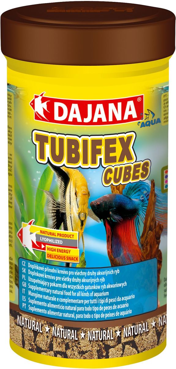 Корм для рыб Dajana Tubifex Cubes, 250 млDP202B Корм для рыб Dajana Tubifex Cubes, 250 млDP202BВысококачественный корм Dajana Tubifex Cubes (Даяна Тубифекс Кьюбс) отличается высоким содержанием белка и протеина. Корм для рыб Dajana Tubifex Cubes полностью состоит из естественного компонента - трубочника. Для удобства трубочники спрессованы в порционные кубики.Идеально подходит для морских и пресноводных аквариумных рыбок. Сублимированные трубочники сохраняют питательные свойства живого корма, и являются лакомством для любой рыбы.Способствует быстрому набору веса и активному росту аквариумных и прудовых рыбок.Состав: трубочник.