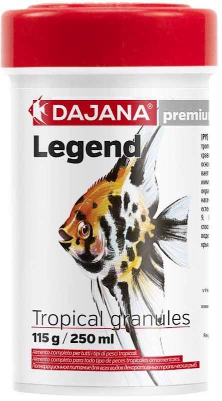 Корм для рыб Dajana Legend Tropical Granules, 100 млDP117A1 Корм для рыб Dajana Legend Tropical Granules, 100 млDP117A1Полнорационный корм в гранулах для всех видов декоративных рыб. Корм Legend изготавливается по новой премиум-формуле, имитирующей корм рыб в дикой природе, улучшает пищеварение укрепляет иммунную систему, помогает здоровой окраске рыб, снижает биологическую нагрузку в аквариуме.Состав: рыба и рыбные продукты (сельдь, мука 5%), мука из личинок насекомых (13%), пивные дрожжи, зерновые, соевая мука, масло лосося, картофель, мука, креветочная мука, чеснок, паприка, мука люцерны, мука, спирулина, красители природного происхождения, крабов, икра.