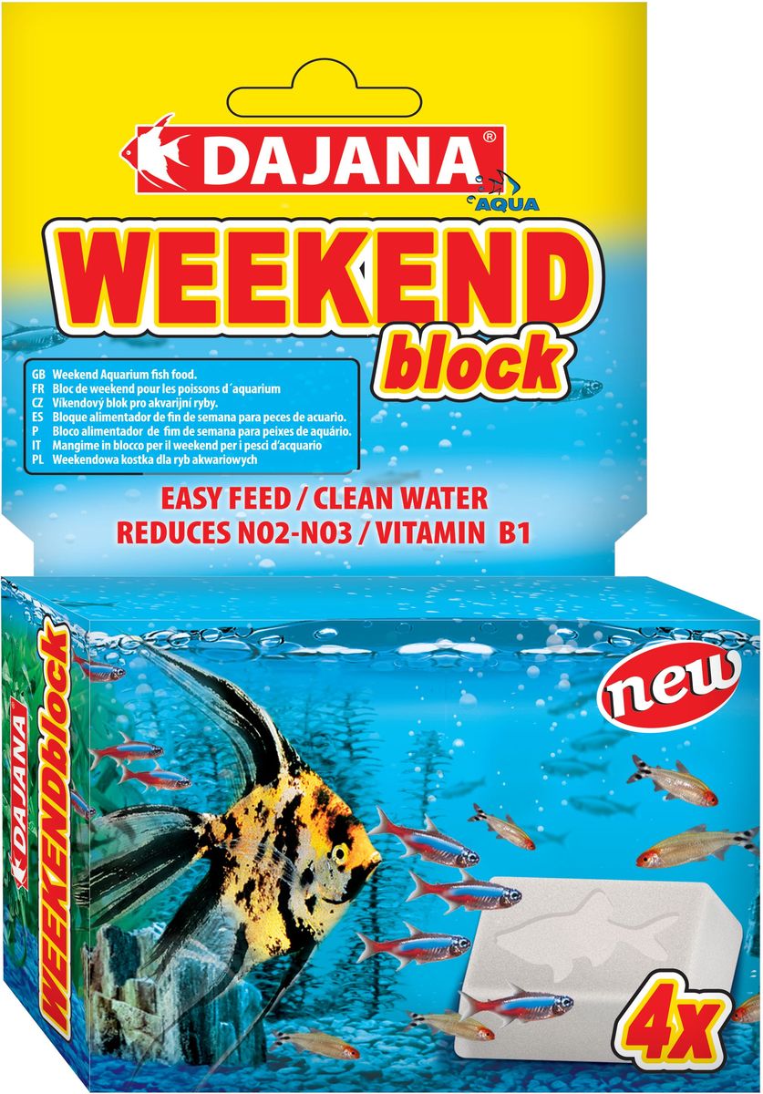 Корм для рыб Dajana Weekend Block, 25 г, 4 штDP130A Корм для рыб Dajana Weekend Block, 25 г, 4 штDP130ADajana Weekend Block - специальный кормовой блок, который не распадается в воде 3-4 дней. Специально разработан для кормления рыб во время выходных дней. Крошечные пузырьки начнут высвобождаться из блока и их аромат привлечет рыбу к кормлению во время вашего отсутствия. Dajana Weekend Blockсодержит вещества, которые во время вашего отсутствия способствуют стабильному значению рН и уменьшению концентрации азота.Состав: рыба и рыбные субпродукты, пшеничная мука, овощной протеиновый концентрат, сухие дрожжи, планктон, морские водоросли (спирулина, хлорелла), овощи (шпинат, паприка, морковь), масла, лецитин, витаминно-минеральная добавка, ракообразные, чеснок, сульфат кальция.Дозировка и применение: один блок рассчитан на кормление 20-25 аквариумных рыб в течении 3-4 дней. Корм отделяется от основного блока постепенно, именно в тот момент, когда рыба его ест, не загрязняя, таким образом, воду. После возвращения домой удалите использованный блок.
