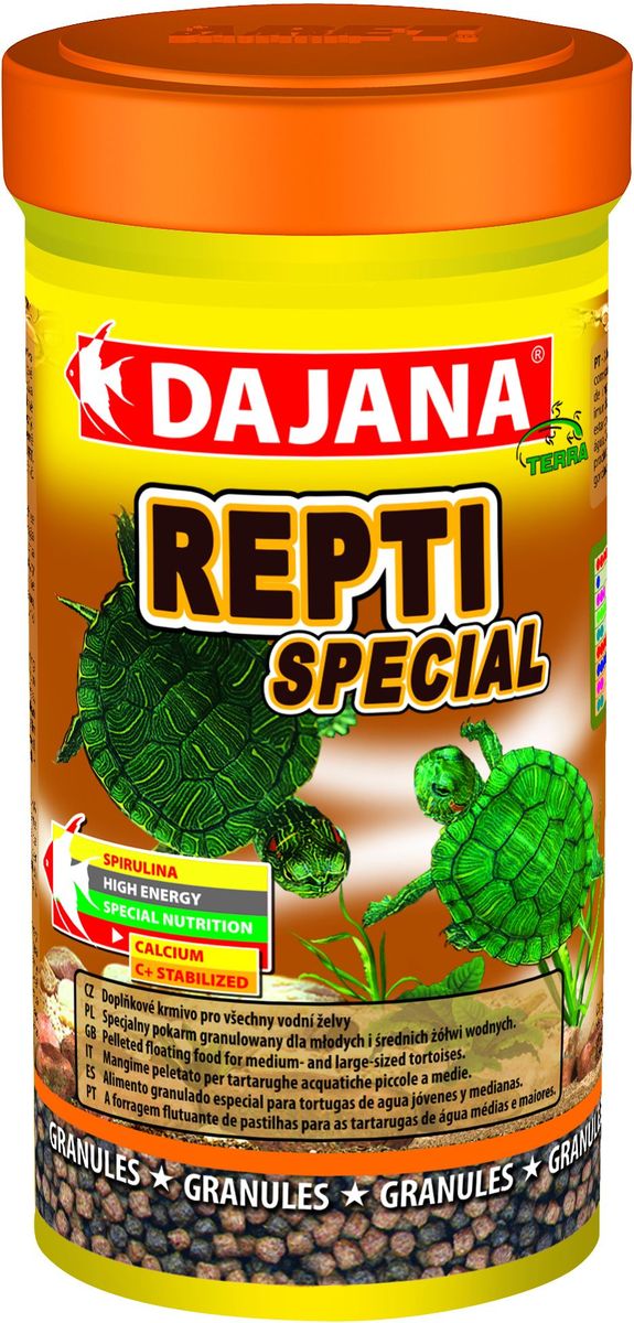Корм для водных черепах Dajana Repti Special, 100 млDP152A Корм для водных черепах Dajana Repti Special, 100 млDP152AСпециальный гранулированный корм Dajana Repti Special для маленьких и средних водных черепах. Корм содержит спирулину и бета-глюкан.Необходим для здорового развития молодых черепах, поддерживает иммунную систему, предотвращает недостаток кальция и фосфора. Имеет хорошие вкусовые свойства.Состав: рыбная мука, пшеничная мука, растительные белковые концентраты, сухие дрожжи, водоросли, планктон, масла и жиры, лецитин, антиоксиданты.