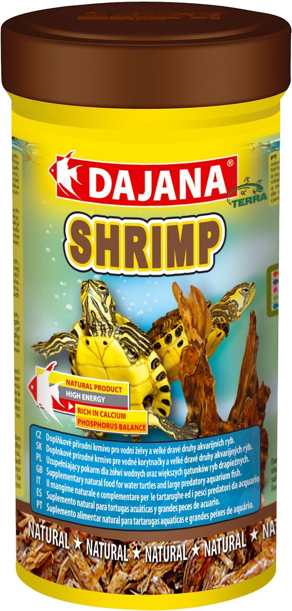 Корм для рептилий Dajana Shrimp, 250 млDP208B Корм для рептилий Dajana Shrimp, 250 млDP208BНатуральный высококачественный корм Dajana Shrimp (Даяна Шримп) в виде сушеных креветок палемонов для всех видов черепах, террариумных животных и пресноводных аквариумных рыбок.Компоненты корма собраны в экологически чистых районах, бережно приготовлены, и сохранили все свои питательные свойства.Этот корм является прекрасным полноценным рационом для водных черепах. Научно разработан с учетом диетических потребностей растущего организма черепах. С добавлением витаминов, минералов и аминокислот.Корм Dajana Shrimp способствует быстрому и здоровому росту черепах, содержит все необходимые питательные вещества для нормального развития рептилий. Прекрасно воспринимается и усваивается животными, способствует повышению природного иммунитета, а так же здоровому развитию водяных черепах. Не содержит искусственных консервантов, красителей или ароматизаторов.Состав: креветки палемоны.