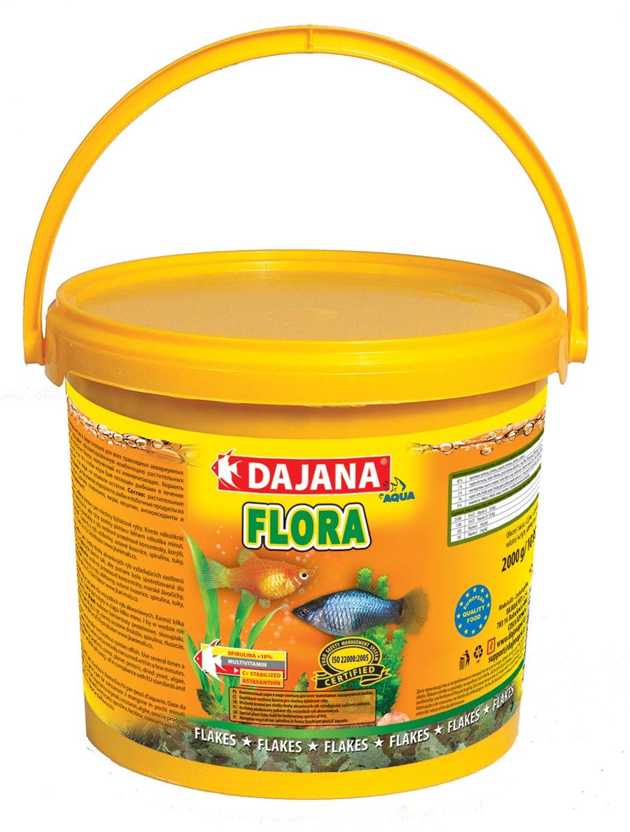 Корм для рыб Dajana Flora Flakes, 5 лDP006F Корм для рыб Dajana Flora Flakes, 5 лDP006FВысококачественный комплексный корм в виде хлопьев, предназначен прежде всего для кормления травоядных рыбок. Спирулина выращена лабораторно, в сочетании с витаминами, минералами, микроэлементами и аминокислотами дает очень быстрый и заметный эффект усиления цвета. Тщательно сбалансированные питательные вещества, а также стабилизированный витамин С позволят вашим рыбкам быть полными энергии и здоровья. При ежедневном использовании корма Dajana Flora вы можете рассчитывать на здоровый рост и великолепную форму ваших рыбок.Cостав: спирулина ,зерновые, растительные протеиновые концентраты, сушеные дрожжи, улитки, водоросли, растительные масла и жиры, лецитин, антиоксиданты.