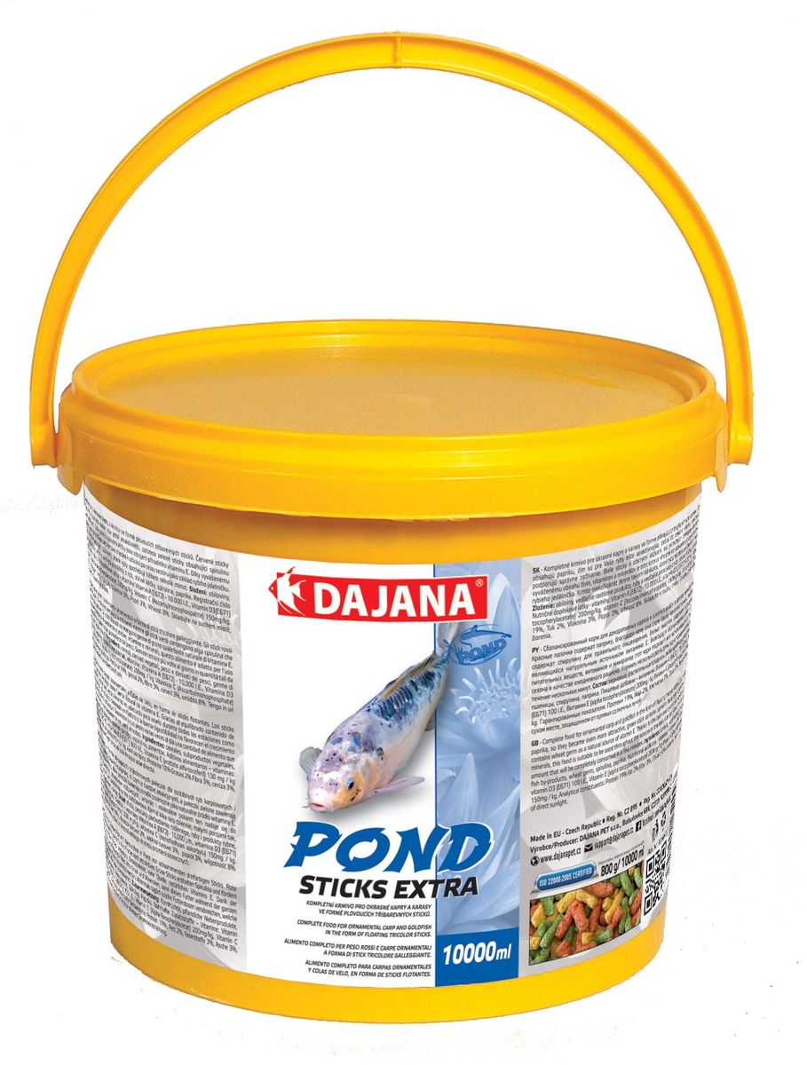 Корм для прудовых рыб Dajana Pond Sticks Extra, 5 л (400 г)DP304F Корм для прудовых рыб Dajana Pond Sticks Extra, 5 л (400 г)DP304FСбалансированный корм для декоративных карпов и золотых рыбок в форме трёхцветных плавающих палочек. Плавающий корм, упрощающий кормление декоративных рыб в садовых прудах.