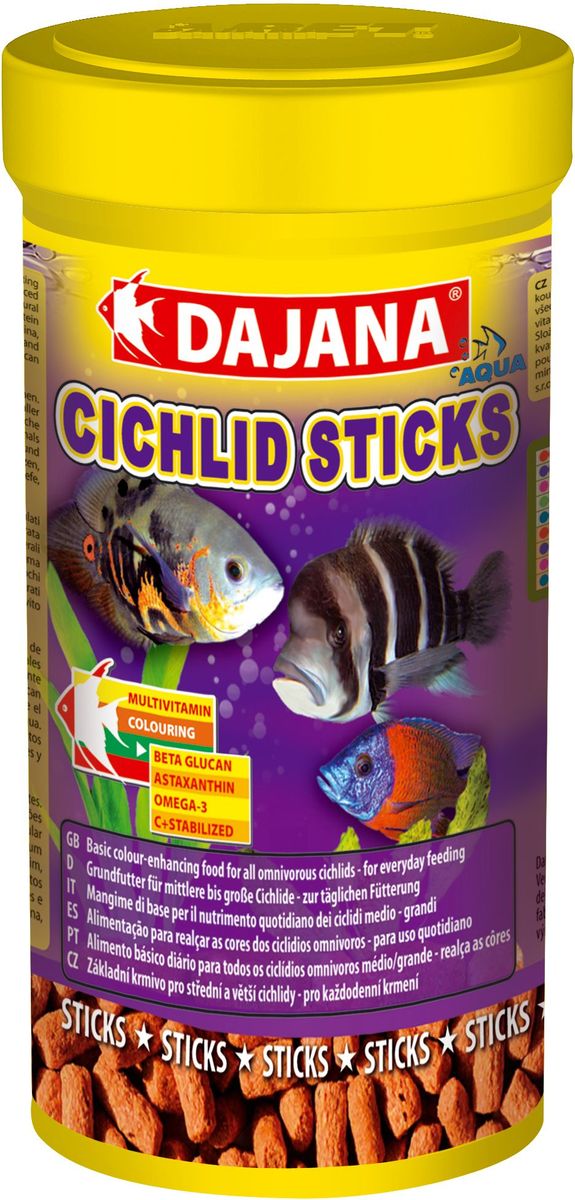 Корм для рыб Dajana Cichlid Sticks, 250 млDP111B Корм для рыб Dajana Cichlid Sticks, 250 млDP111BОсновной комплексный корм в виде плавающих палочек - стиксов для ежедневного кормления крупных и средних рыб семейства цихлид содержит широкий спектр натуральных ингредиентов, особенно растительных и животных белков, минералов и натуральных витаминов, а также природный стимулятор иммунной системы бета-глюкан. Обеспечивает правильное развитие рыбы, яркий окрас и дополнительную защиту организма ваших рыбок. Производится только из натуральных ингредиентов высокого качества, хорошо усваивается и не мутит воду в аквариуме.Состав: Рыба и рыбные субпродукты, зерновые, концентрат растительного белка, сухие дрожжи, моллюски, овощи, спирулина, водоросли, жир, красители.