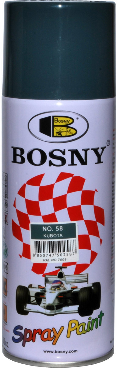 Краска акриловая Bosny, аэрозоль, цвет: серый (RAL 7009), 400 мл58 Краска акриловая Bosny, аэрозоль, цвет: серый (RAL 7009), 400 мл58Акриловая краска Bosny, изготовленная на основе эпоксидных смол, предназначена для высококачественного окрашивания поверхностей, сделанных из дерева, металла и пластика. Идеальна для окрашивания автомобилей, мотоциклов, различного оборудования, приборов и мебели. Такая краска не желтеет и не выцветает, то есть является атмосферостойкой.Краска может использоваться для декорирования различных деталей интерьера и разных поверхностей не только в быту, но и в офисе или магазине.