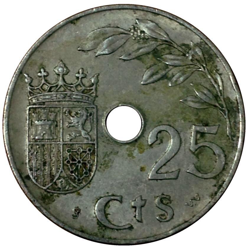 Монета номиналом 25 сентимо. Медно-никелевый сплав. Испания, 1937 год