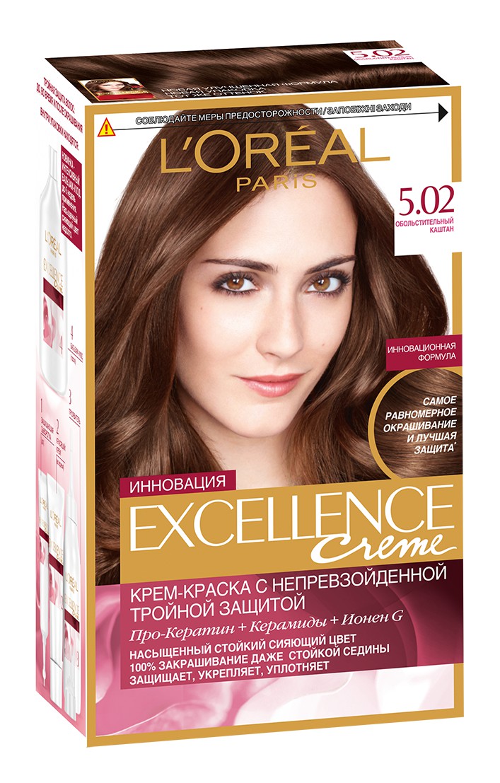LOreal Paris Стойкая крем-краска для волос Excellence, оттенок 5.02, Обольстительный каштанA8463528 LOreal Paris Стойкая крем-краска для волос Excellence, оттенок 5.02, Обольстительный каштанA8463528Крем-краска для волос Экселанс защищает волосы до, во время и после окрашивания. Уникальная формула краскииз Керамида, Про-Кератина и активного компонента Ионена G, которые обеспечивают 100%-ное окрашивание седины и способствуют длительному сохранению интенсивности цвета. Сыворотка, входящая в состав краски, оказывает лечебное действие, восстанавливая поврежденные волосы, а густая кремовая текстура краски обволакивает каждый волос, насыщая его интенсивным цветом. Специальный бальзам-уход делает волосы плотнее, укрепляет их, восстанавливая естественную эластичность и силу волос.В состав упаковки входит: защищающая сыворотка (12 мл), флакон-аппликатор с проявителем (72 мл), тюбик с красящим кремом (48 мл), флакон с бальзамом-уходом (60 мл), аппликатор-расческа, инструкция, пара перчаток.1. Укрепляет волосы 2. Защищает их 3. Придает волосам упругость 3. Насыщеннный стойкий сияющий цвет 4. Закрашивает до 100% седых волос