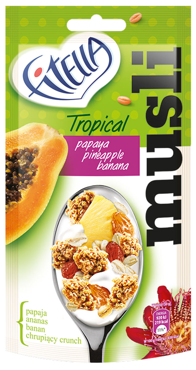 Fitella Muesli Tropic мюсли с папайей, ананасом и бананом, 50 г14280 Fitella Muesli Tropic мюсли с папайей, ананасом и бананом, 50 г14280Fitella - это европейский бренд на рынке сухих завтраков, который уже завоевал доверие и популярность среди потребителей Европы. За счет удобной упаковки, перекусить теперь можно везде. Удобно брать с собой (сумка, карман). Сухое использование – здоровая замена вредного фаст-фуда.